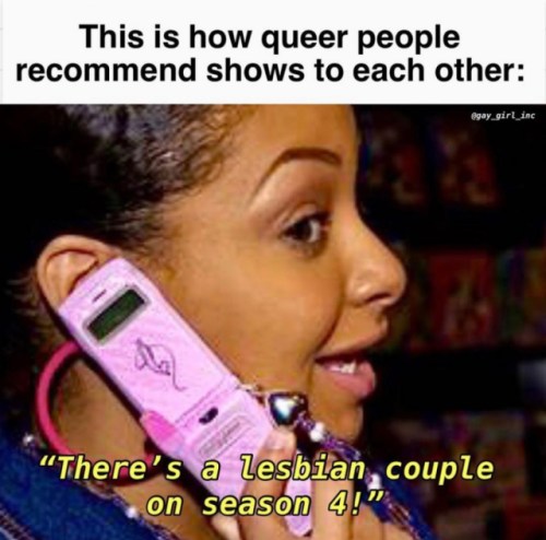 A meme of Raven Simone on a phone, that reads: "This is how queer people recommend shows to each other: "There's a Lesbian, couple on season 4!"