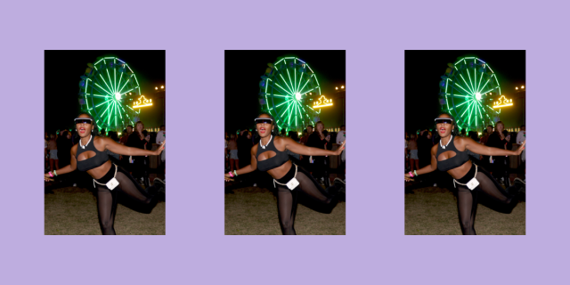 janelle monaé wears futuristic looking sunglasses at night with a black crop top and black mesh pants and a white waist bag with a green ferris wheel in the background