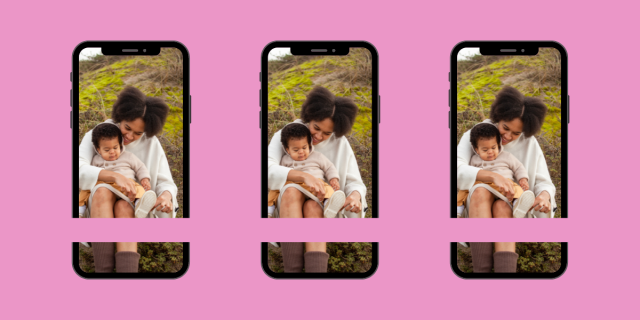 three iphone frames displaying a photo of a Black mom with her son