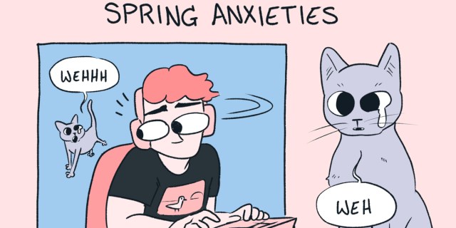 In an illustration, against a pink background that says "Spring Anxieties" are a picture of a person with short red hair looking at their grey cat going "Wehhh" with tears in their eyes, next to a close up of that same crying cat.