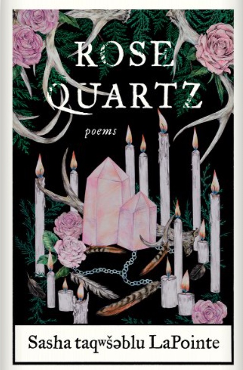 cover of Rose Quartz has an illustration of quartz on a table surrounded by candles with antlers coming down from above