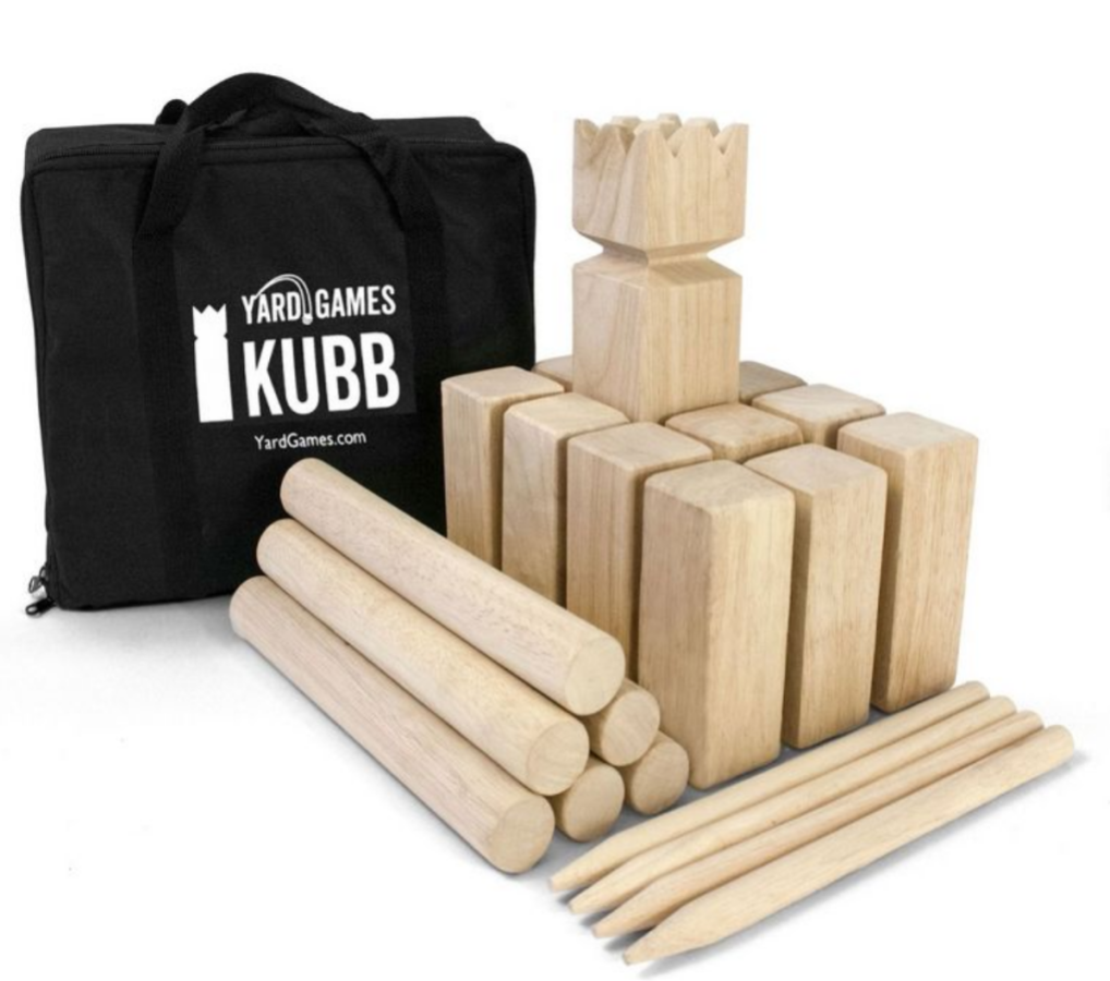 a bunch of wooden blocks and a black bag labeled: YARD GAMES KUBB