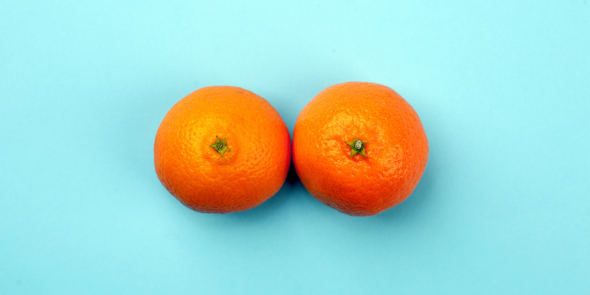 Two clementines are against a light blue background.