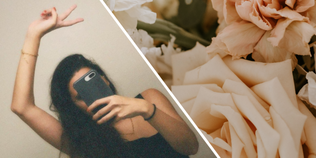 Kayla Kumari Upadhyaya taking a mirror selfie in a black dress throwing up a peace sign, next to a photo of pink and off white flowers