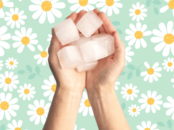 Against a light green background covered in drawings of daisies, a white woman's hands hold multiple ice cubes.