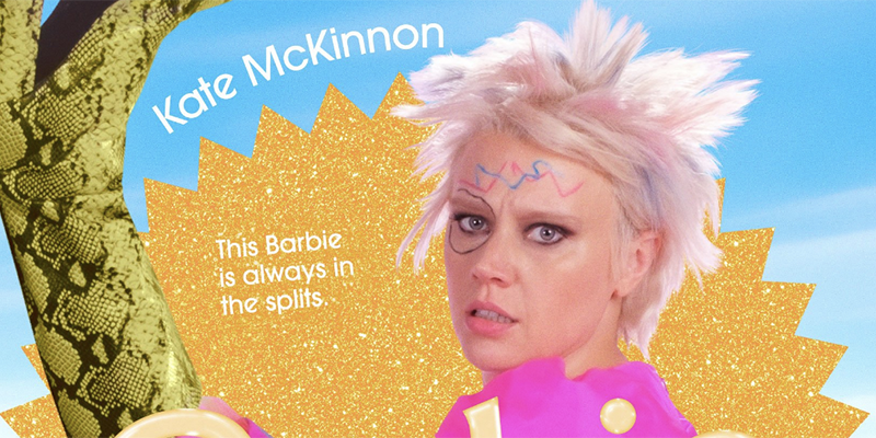 Kate McKinnon with short cropped hair and markers on her face in her Barbie character poster