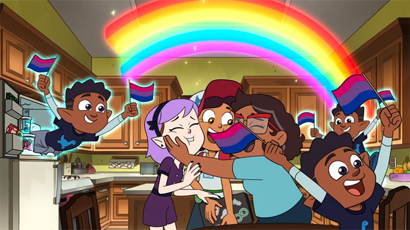 Camila embraces Luz and Amity while they're surrounded by rainbows and Bi Pride flags on The Owl House