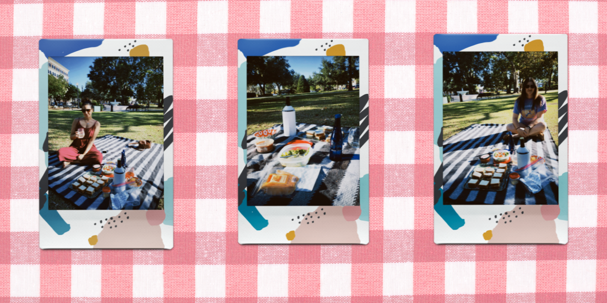 a picnic tablecloth background. photo 1: kayla kumari upadhyaya in a magenta jumpsuit with a picnic spread in front of her. photo 2: a picnic spread against a grassy background. photo 3: kristen arnett in a purple tee surrounded by a picnic spread