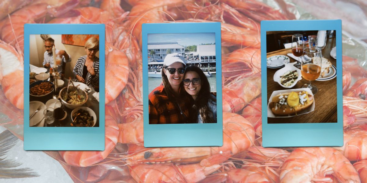 Photo 1: Kayla's Indian father and white mom at a table with shrimp and wine. Photo 2: Kristen Arnett and Kayla Kumari Upadhyaya stand in front of a waterview. Kristen wears a white cap that says FUN DAD and a black and red flannel. Kayla wears a jean jacket. Photo 3: Two glasses of wine surrounded by snacks.