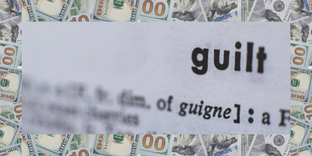 The word "guilt" in the center surrounded by a border of money.