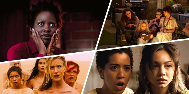 Four stills from films mentioned in this post: Us, Orphan Black, Mad Max: Fury Road, and Scream