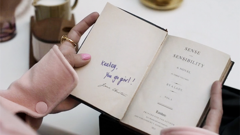 A purported first edition of Sense and Sensibility signed by Jane Austen. 'Keeley, you go girl' is scrawled inside it.