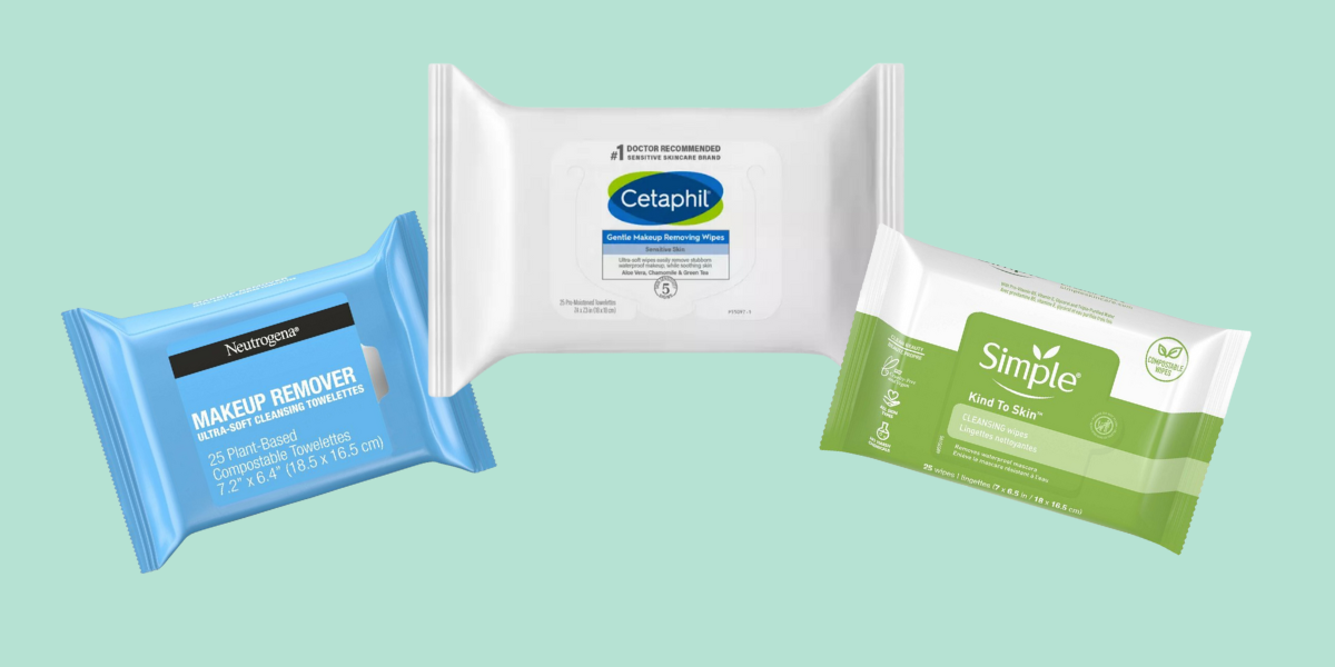 Neutrogena makeup wipes, Cetaphil makeup wipes, and Simple makeup wipes