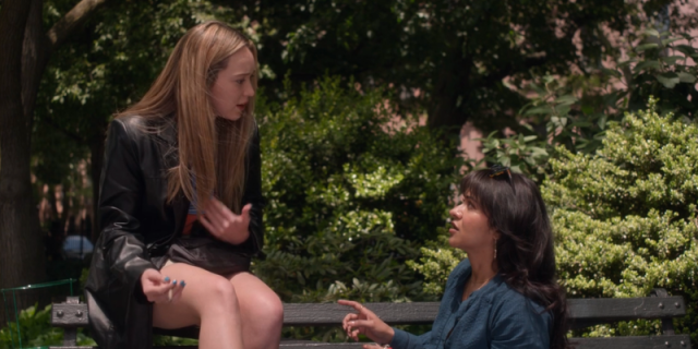 Saint X: Alycia Debnam-Carey as Emily talking to her best friend Sunita on a bench