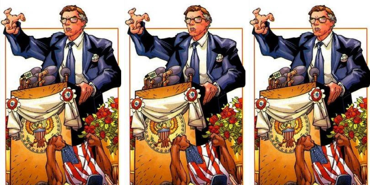 senator kelly at a podium in x-men comics