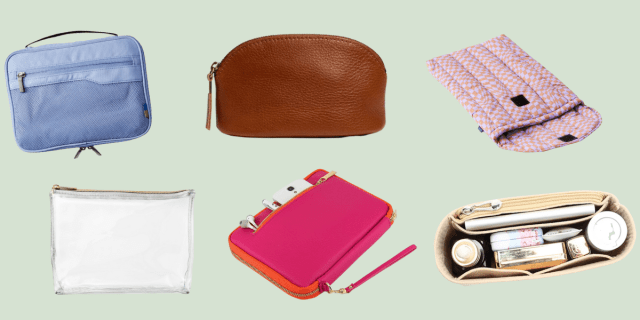 a blue travel accessory bag, a brown leather pouch, a pink laptop case, a clear pouch, a pink pouch, and a purse organizer