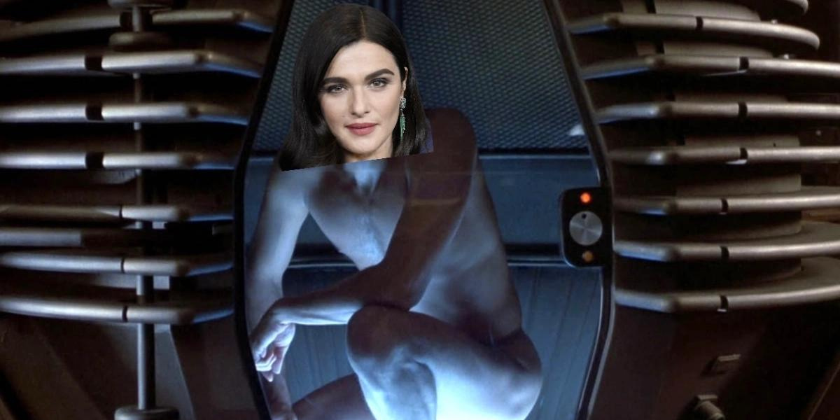 Rachel Weisz's head superimposed onto Jeff Goldblum in The Fly