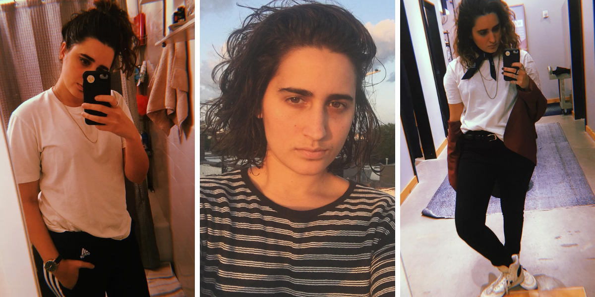 Photo 1: Kayla Kumari Upadhyaya taking a mirror selfie, wearing a white tee and gold chain with Adidas track pants. Photo 2: Kayla Kumari Upadhyaya in sunlight in a striped large tee. Photo 3: Kayla Kumari Upadhyaya in a white tee with a chain necklace, a bandana around her neck, a red blazer, and sneakers.