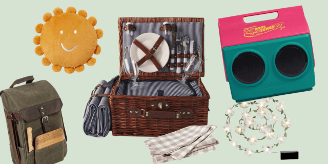 A green canvas backpack, a sun-shaped throw pillow, a picnic basket that is open, a set of gingham cloth napkins, led string lights shaped like flowers, and a cooler with built-in speakers