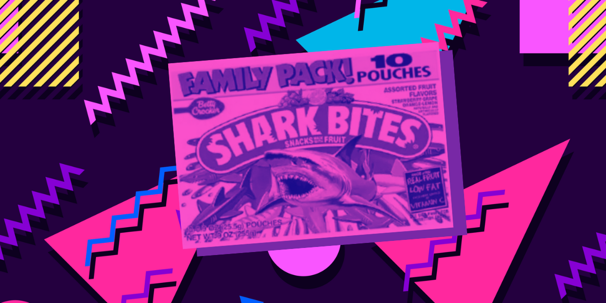 A package of Shark Bites Fruit Snacks with a purple overlay, set against a 90s background of vivid color shapes.