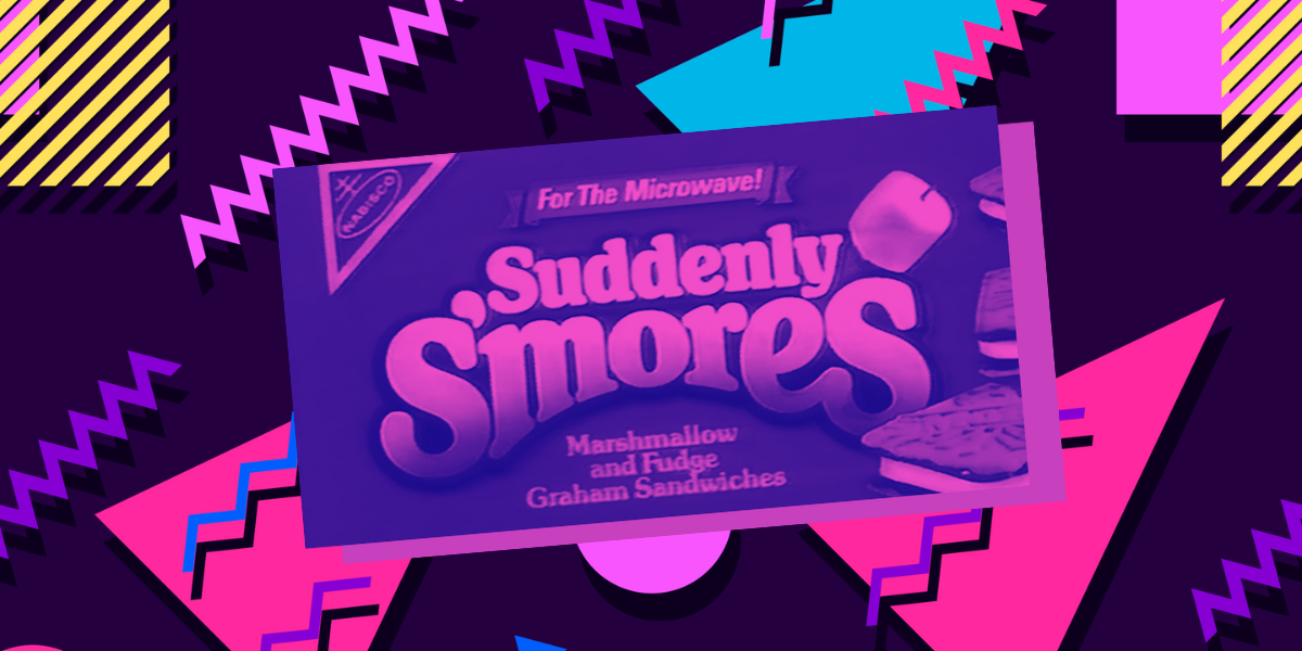A package of Nabisco Suddenly S'mores with a purple overlay, set against a 90s background of vivid color shapes.