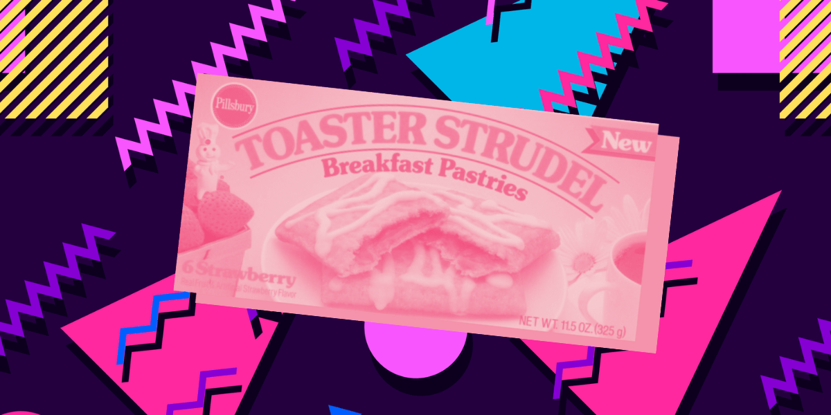 A package of Pillsbury Toaster Studel with a pink overlay, set against a 90s background of vivid color shapes.