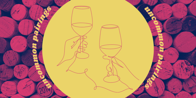 a golden circle with two drawn hands holding wine glasses about to cheers in pink, surrounded by the phrase "uncommon pairings" twice on either side of the circle with a background of hot pink and purple wine corks