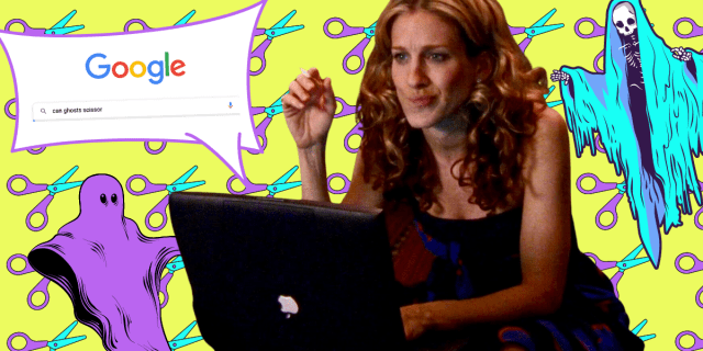 Carrie Bradshaw Googles "can ghosts scissor" and is surrounded by scissors and a purple ghost and a blue ghost