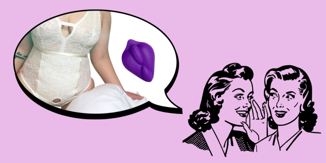 In the bottom right corner of the image, there is a black line drawing of two women with 1950s hairstyles whispering to each other against a pink background. In the upper left corner, there is a speech bubble. Inside the speech bubble, there is the torso of a white person wearing the Roslyn bodysuit harness, which is made out of white lace and has an O-ring on the pelvis. Beside the person, there is the b.cush, a vulva-shaped piece of purple silicone with two bumps running down the center.