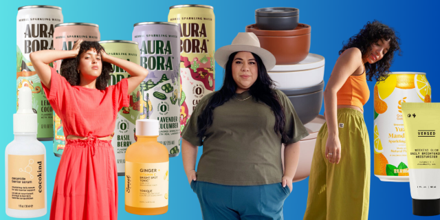 A collage of items in front of a gradient blue background that includes: flavored seltzer water, skin care products, three different fashion choices, and a set of bowls