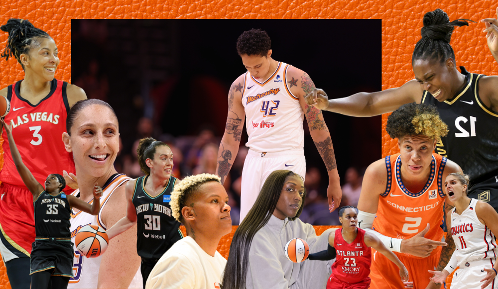 A collage of gay WNBA players with Brittney Griner in the center, all on top of a leather orange pattern like a basketball.