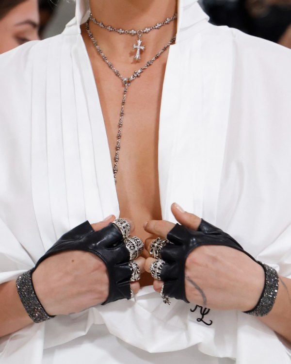 Cara Delevingne, Chrome Hearts jewelry detail, attends the 2023 Costume Institute Benefit celebrating "Karl Lagerfeld: A Line of Beauty" at Metropolitan Museum of Art on May 01, 2023 in New York City. 