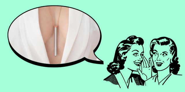 In the bottom right corner of the image, there is a black line drawing of two women with 1950s hairstyles whispering to each other against a blue-green background. In the upper left corner, there is a speech bubble. Inside the speech bubble, there is a white person's torso. They are wearing a low-cut white blazer with no shirt underneath. They are wearing a silver chain around their neck with the Vesper—a long, slim, metal vibrator—hanging off of it.