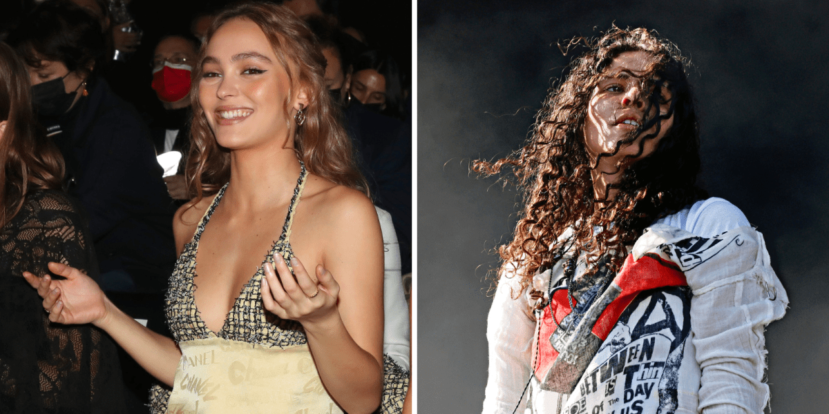 Lily-Rose Depp and 070 Shake are dating. In these photos, Depp is sitting down and smiling with her hands up in the air, and 070 Shake is performing at a concert.