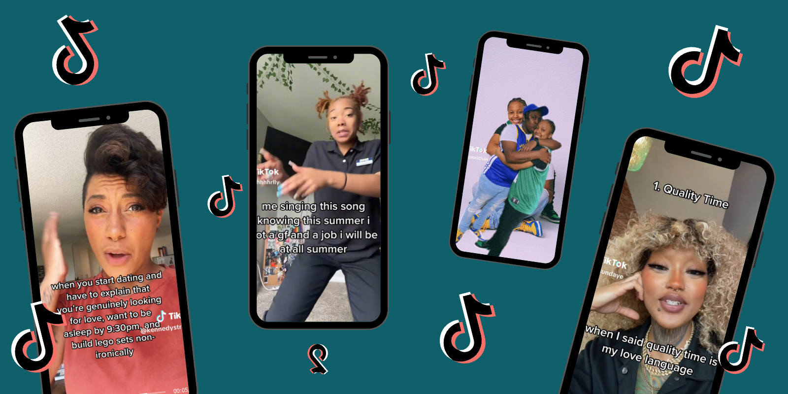 Four phones with screenshots of various TikTokson a dark teal background, the TikTok logo floats in between them all