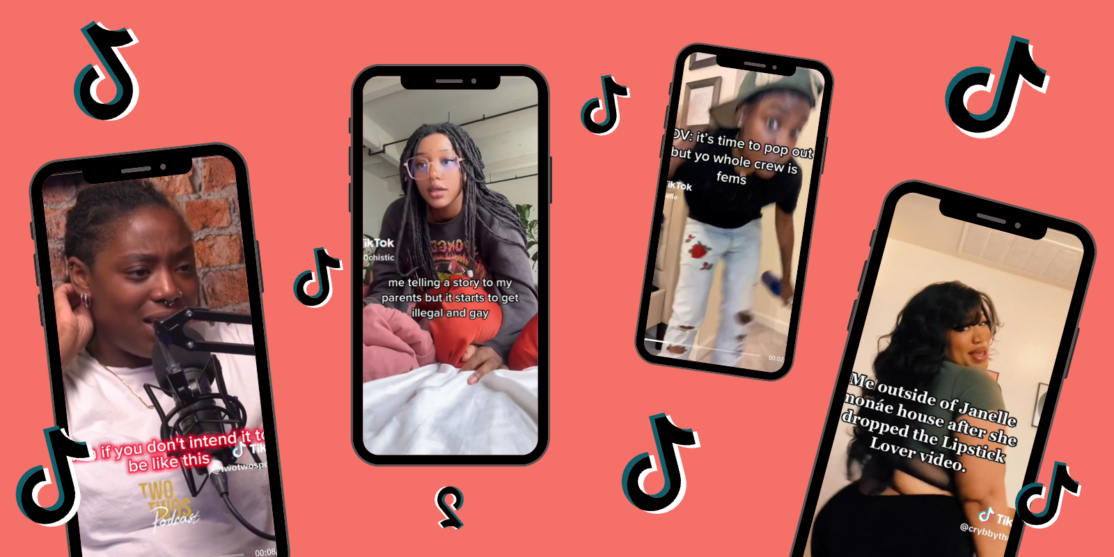 Four phones with screenshots of various TikToks on a coral background, the TikTok logo floats in between them all