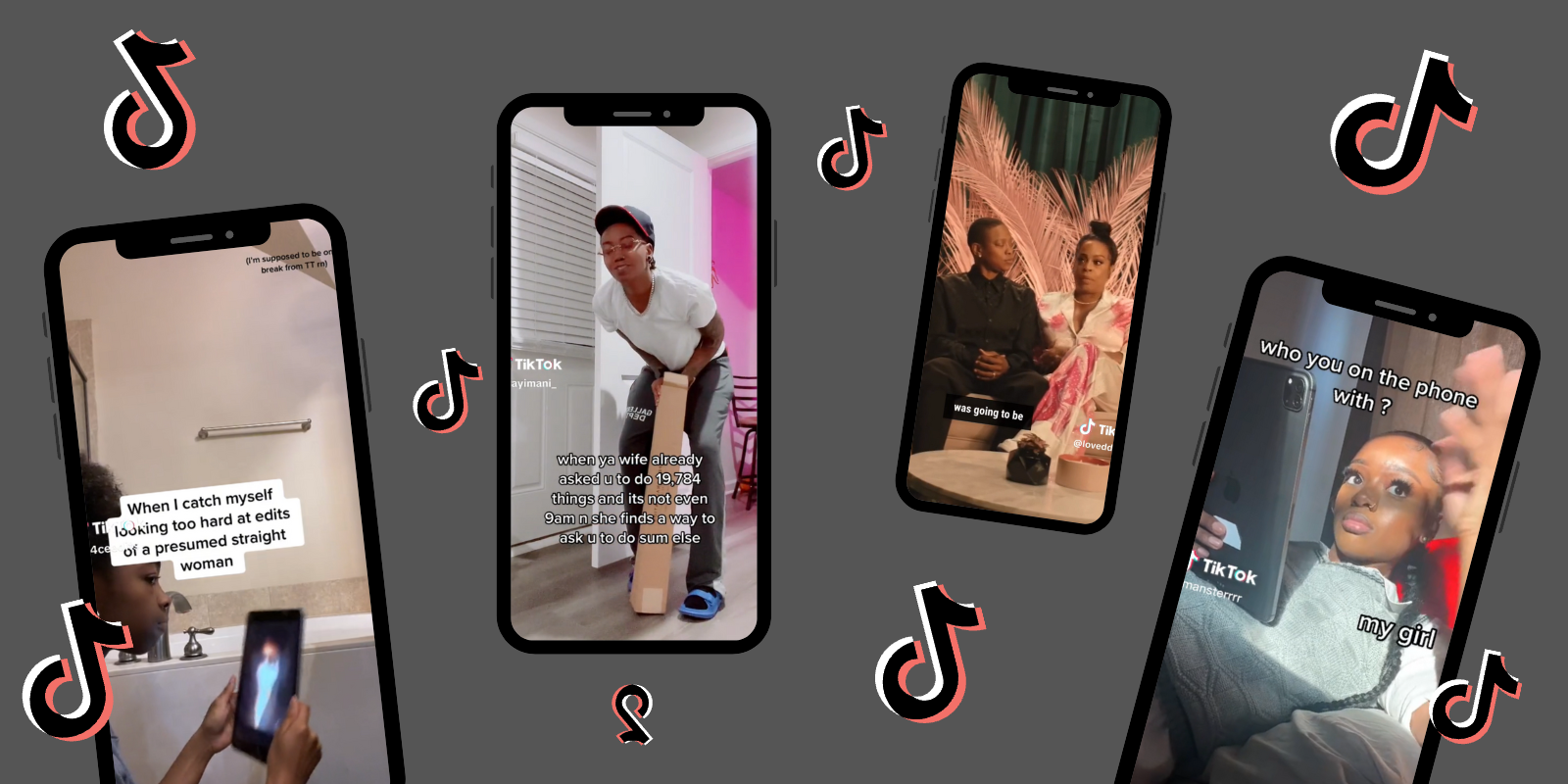 Four phones with screenshots of various TikTokson a grey background, the TikTok logo floats in between them all