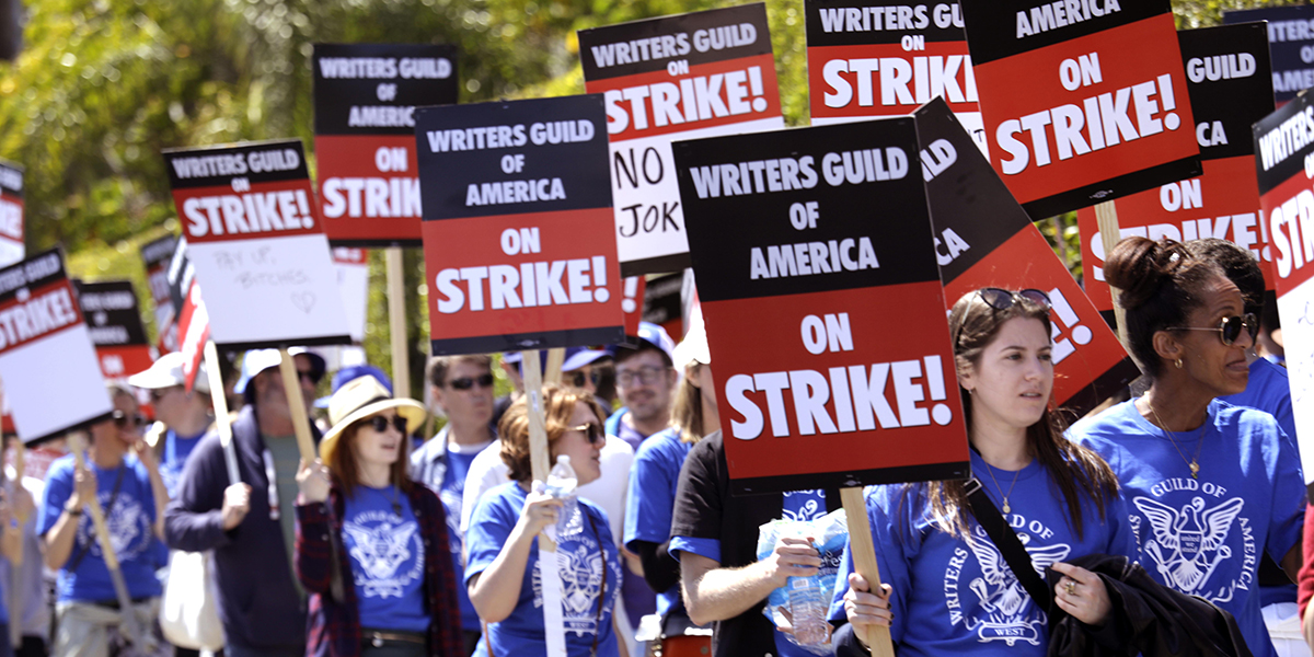MAY 2, 2023 - WGA members walk the picket line on the first day of their strike in front of Paramount Studios in Hollywood on May 2, 2023. The union were unable to reach a last minute-accord with the major studios on a new three-year contract to replace one that expired Monday night