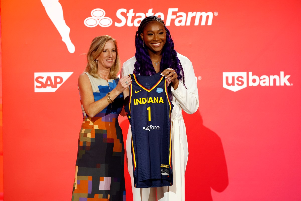 NEW YORK, NEW YORK - APRIL 10: WNBA Commissioner Cathy Engelbert and Aliyah Boston pose for photos after Boston was drafted 1st overall by the Indiana Fever during the 2023 WNBA Draft at Spring Studios on April 10, 2023 in New York City. NOTE TO USER: User expressly acknowledges and agrees that, by downloading and or using this photograph, User is consenting to the terms and conditions of the Getty Images License Agreement. 