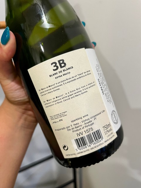 A hand holding a wine bottle, but only 2/3 of the bottle is visible. The back of the label on the bottle is showing with text that describes the type of wine inside the bottle (an extra brut wine made with indigenous white grape varieties).