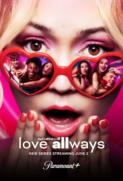 Love Allways poster of a girl in heart glasses with her mouth open