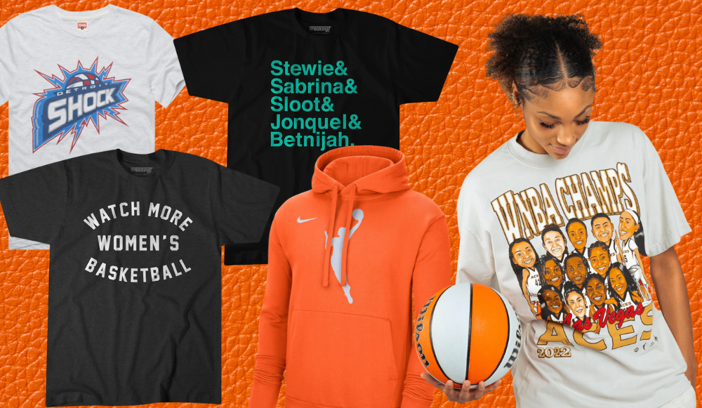 Four WNBA T-Shirts (Vintage Detroit Shock, NY Liberty, "Watch More Women's Basketball," and 2022 WNBA Champs) and an orange WNBA Hoodie.