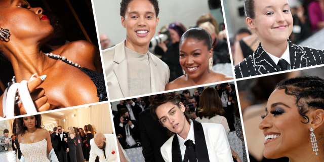 LGBT Attendees of the Met Galla, left to right and top to bottom: Janelle Monae, Brittney Griner and her wife Cherelle Griner, Bella Ramsey, Keke Palmer, Kristen Stewart, and Ariana DeBose.