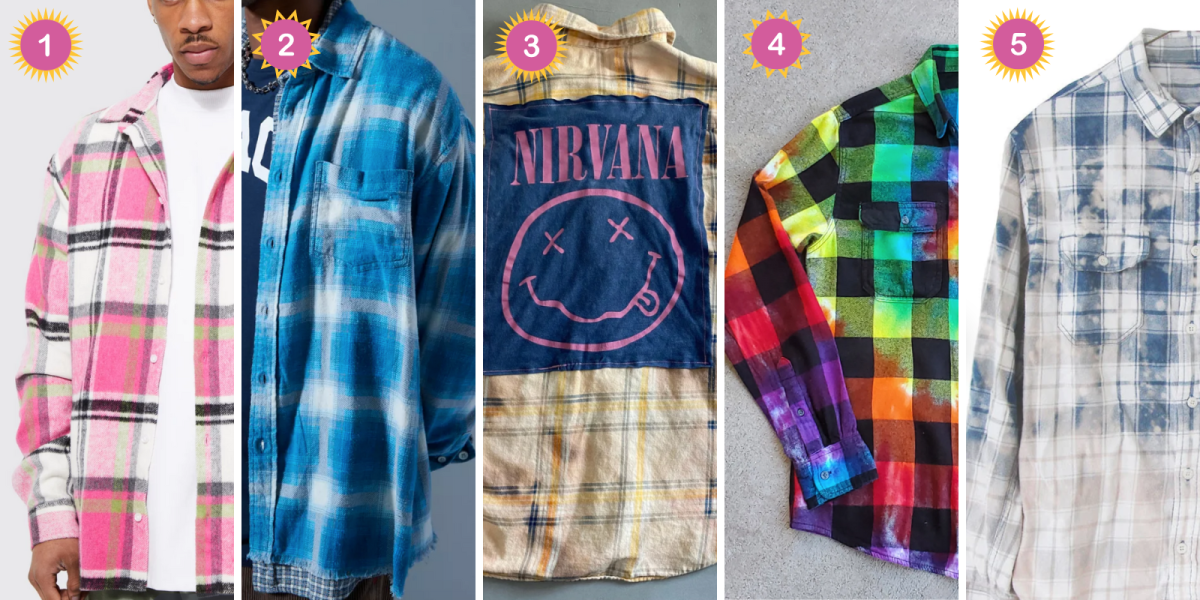 a pink, green, and white flannel, a blue and white flannel, a flannel with a Nirvana patch on it, a rainbow tie-dye flannel, and a blue and white bleached flannel