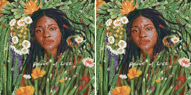 Two images of Joy Oladokun's “Proof of Life” album cover. The album cover is a painting of Joy Oladokun, a black woman with dreadlocks, sitting among a field of grass and flowers.