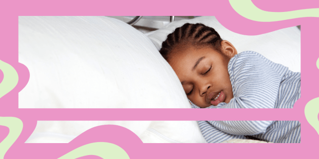 a child sleeping on a pillow surrounded by pink and light green swirls