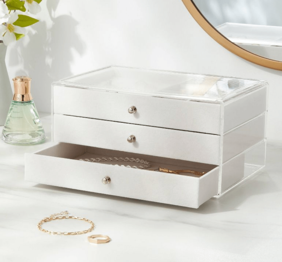 a white three-drawer accessories organizer