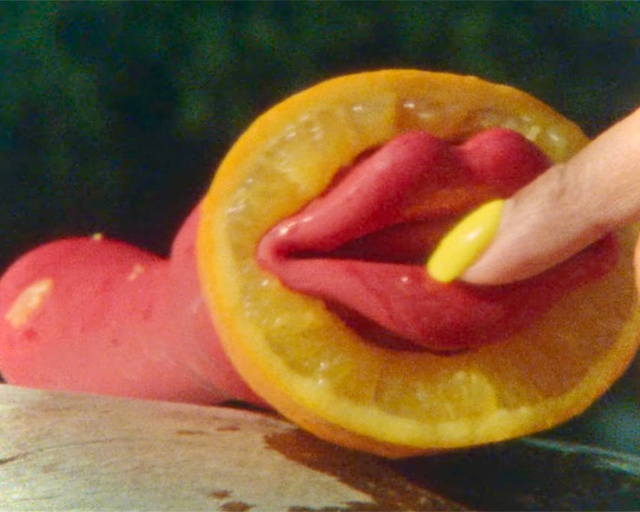 An orange slice with waxy red lips, and a black person's finger with a yellow acrylic fingernail (to match the orange) going inside the wax lip.