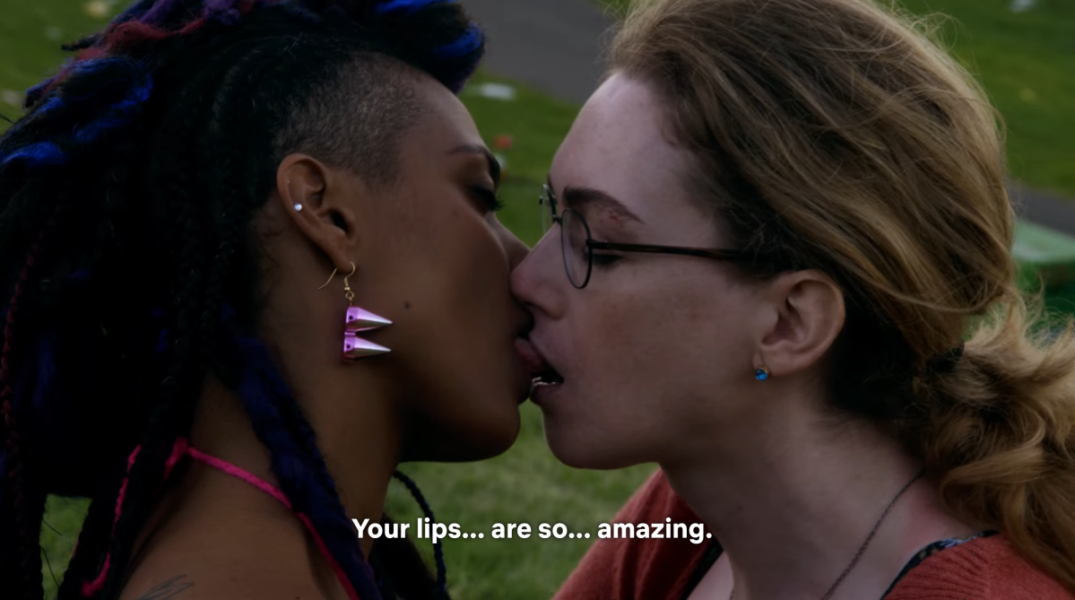 Amanita and Nomi kissing and saying "your lips...are so...amazing"