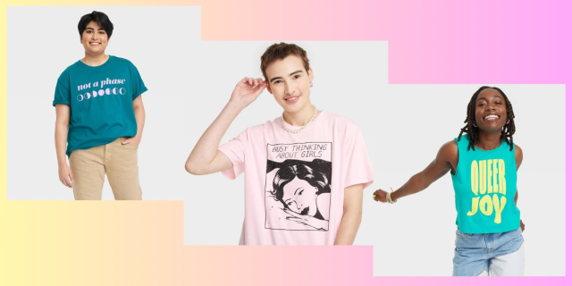 The Target Pride 2023 collection in a downward angle: a shirt that says "its' not a phase" featuring the moon in different phases, a Jenifer Prince shirt that reads "Thinking about girls," and an aquamarine tank top that says "queer joy"
